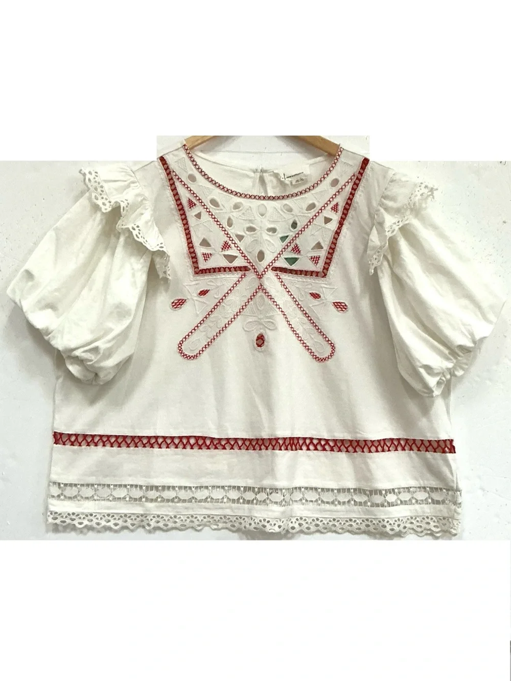 White Peasant Blouse with Red Embroidery by Anthropologie 2X